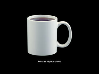 How many
diﬀerent
ways can
you use this
coﬀee cup?
Discuss at your tables
 