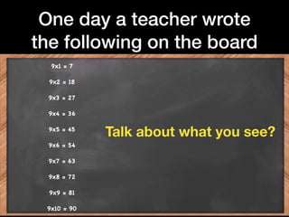 One day a teacher wrote
the following on the board
9x1 = 7 

9x2 = 18 

9x3 = 27 

9x4 = 36 

9x5 = 45 

9x6 = 54 

9x7 = 63 

9x8 = 72 

9x9 = 81 

9x10 = 90
Talk about what you see?
 