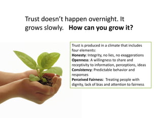 Trust doesn’t happen overnight. It grows slowly. How can you grow it? 
Trust is produced in a climate that includes four elements: Honesty: Integrity, no lies, no exaggerations Openness: A willingness to share and receptivity to information, perceptions, ideas Consistency: Predictable behavior and responses Perceived Fairness: Treating people with dignity, lack of bias and attention to fairness  