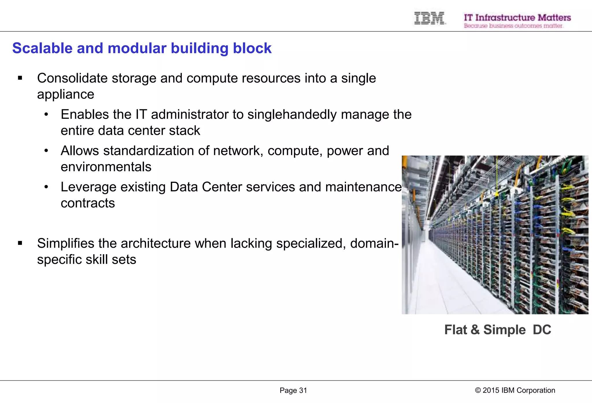 © 2015 IBM CorporationPage 31
Scalable and modular building block
 Consolidate storage and compute resources into a single
appliance
• Enables the IT administrator to singlehandedly manage the
entire data center stack
• Allows standardization of network, compute, power and
environmentals
• Leverage existing Data Center services and maintenance
contracts
 Simplifies the architecture when lacking specialized, domain-
specific skill sets
Flat & Simple DC
 