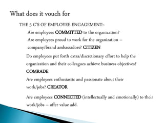 Are employees CONNECTED (intellectually and emotionally) to their
work/jobs – offer value add.
THE 5 C’S OF EMPLOYEE ENGAG...