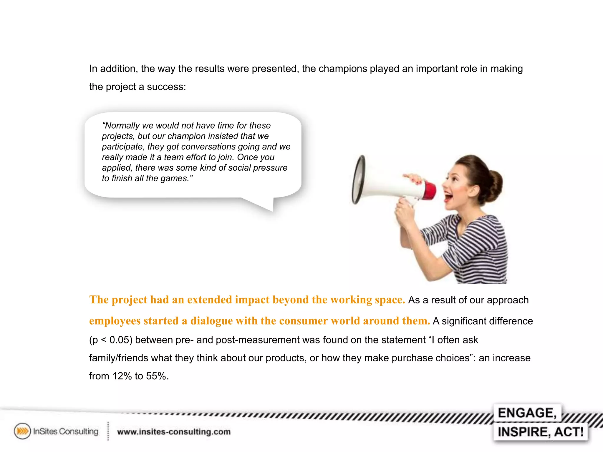 In addition, the way the results were presented, the champions played an important role in making
the project a success:

“Normally we would not have time for these
projects, but our champion insisted that we
participate, they got conversations going and we
really made it a team effort to join. Once you
applied, there was some kind of social pressure
to finish all the games.”

The project had an extended impact beyond the working space. As a result of our approach
employees started a dialogue with the consumer world around them. A significant difference
(p < 0.05) between pre- and post-measurement was found on the statement “I often ask
family/friends what they think about our products, or how they make purchase choices‟: an increase
from 12% to 55%.

 