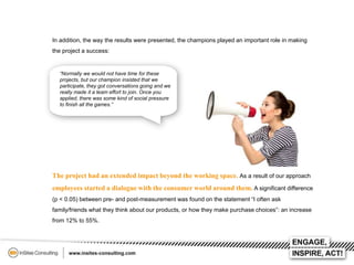 In addition, the way the results were presented, the champions played an important role in making
the project a success:

“Normally we would not have time for these
projects, but our champion insisted that we
participate, they got conversations going and we
really made it a team effort to join. Once you
applied, there was some kind of social pressure
to finish all the games.”

The project had an extended impact beyond the working space. As a result of our approach
employees started a dialogue with the consumer world around them. A significant difference
(p < 0.05) between pre- and post-measurement was found on the statement “I often ask
family/friends what they think about our products, or how they make purchase choices‟: an increase
from 12% to 55%.

 