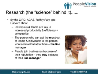 Research (the “science” behind it)......
• By the CIPD, ACAS, Roffey Park and
  Harvard show:
   – Individuals & teams are key to
     increased productivity & efficiency =
     competitive
   – The person who can get the most out
     of teams & individuals is the person
     who works closest to them – the line
     manager
   – People join businesses because of
     their reputation – they stay because
     of their line manager
 