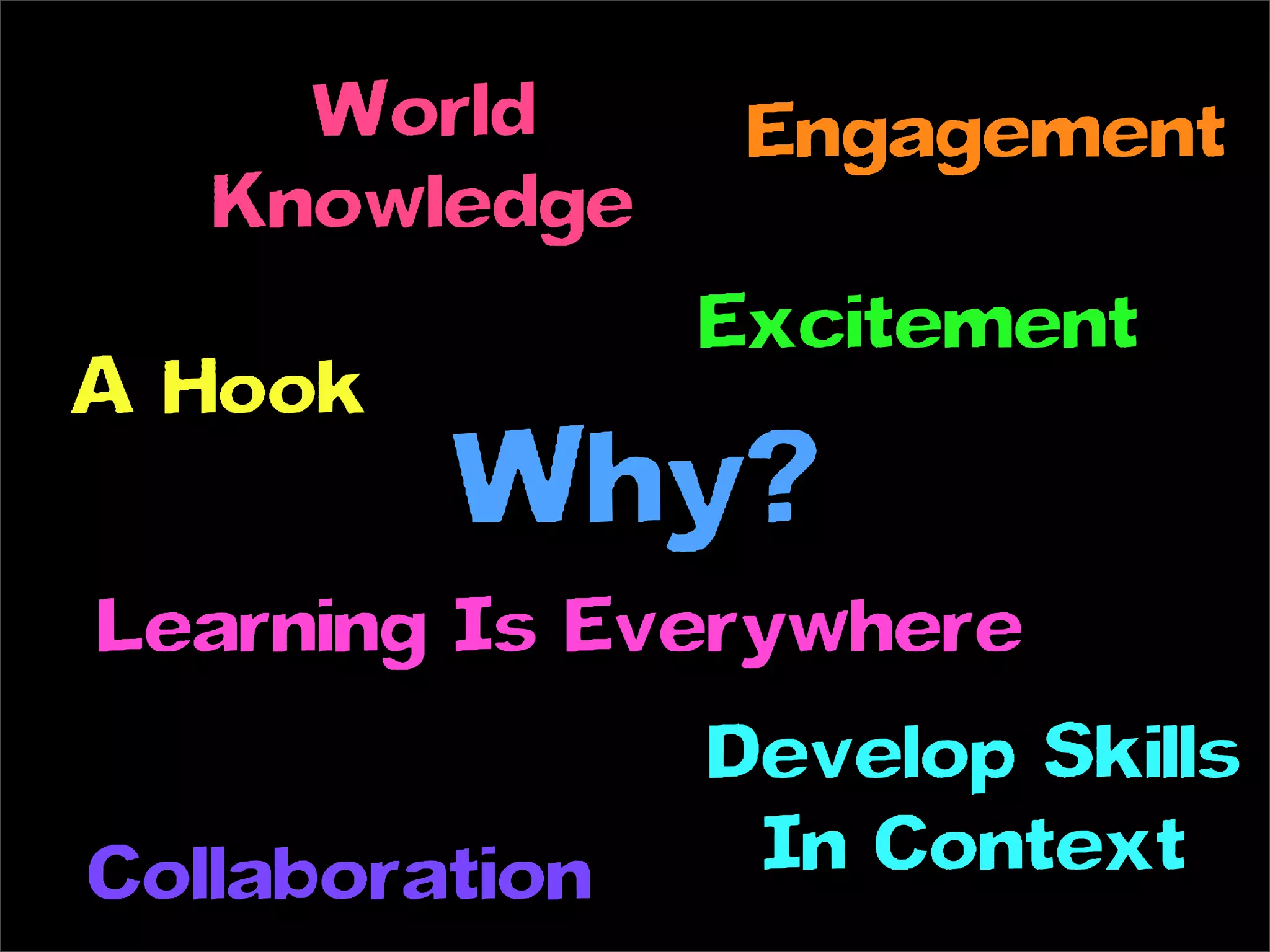 World       Engagement
   Knowledge
                Excitement
A Hook
         Why?
Learning Is Everywhere
                Develop Skills
Collaboration    In Context
 