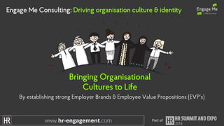 Engage Me Consulting: Driving organisation culture & identity
By establishing strong Employer Brands & Employee Value Propositions (EVP’s)
Bringing Organisational
Cultures to Life
Part	of
 