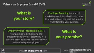 What is an Employer Brand & EVP?
Employer	Branding	is	the	art	of	
marketing	your	internal	culture	in	order	
to	attract	not	only	the	best,	but	also	the	
RIGHT	talent	to	your	business.	
Employer	Value	Proposition	(EVP)	is	
your	promise	to	both	existing	and	
prospective	employees	– essentially,	it’s	a	
concrete	set	of	attributes	that	outline	your	
value	offering	to	employees.	
What	is	
your	story?
What	is	
your	promise?
Part	of
 
