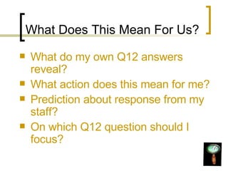 What Does This Mean For Us? What do my own Q12 answers reveal? What action does this mean for me? Prediction about response from my staff? On which Q12 question should I focus? 