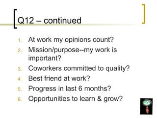 Q12 – continued At work my opinions count? Mission/purpose--my work is important? Coworkers committed to quality? Best friend at work? Progress in last 6 months? Opportunities to learn & grow? 