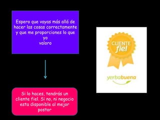 Espero que vayas más allá de
hacer las cosas correctamente
y que me proporciones lo que
yo
valoro
Si lo haces, tendrás un
cliente fiel. Si no, ni negocio
esta disponible al mejor
postor
 