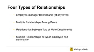 Four Types of Relationships
• Employee-manager Relationship (at any level)
• Multiple Relationships Among Peers
• Relationships between Two or More Departments
• Multiple Relationships between employee and
community
 