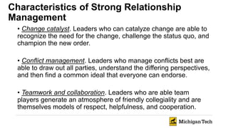 Characteristics of Strong Relationship
Management
• Change catalyst. Leaders who can catalyze change are able to
recognize the need for the change, challenge the status quo, and
champion the new order.
• Conflict management. Leaders who manage conflicts best are
able to draw out all parties, understand the differing perspectives,
and then find a common ideal that everyone can endorse.
• Teamwork and collaboration. Leaders who are able team
players generate an atmosphere of friendly collegiality and are
themselves models of respect, helpfulness, and cooperation.
 