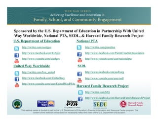 Sponsored by the U.S. Department of Education in Partnership With United
Way Worldwide, National PTA, SEDL, & Harvard Family Research Project
U.S. Department of Education                                     National PTA
     http://twitter.com/usedgov                                           http://twitter.com/ptaeditor

     http://www.facebook.com/ED.gov                                       http://www.facebook.com/ParentTeacherAssociation

     http://www.youtube.com/usedgov                                       http://www.youtube.com/user/nationalpta

United Way Worldwide                                              SEDL
     http://twitter.com/live_united                                       http://www.facebook.com/sedl.org

     http://www.facebook.com/UnitedWay                                    http://www.youtube.com/user/sedl
     http://www.youtube.com/user/UnitedWayPSAs
                                                                 Harvard Family Research Project
                                                                          http://twitter.com/hfrp

                                                                          http://www.facebook.com/HarvardFamilyResearchProject



    This webinar series is funded in part by the U.S. Department of Education’s Parental Information and Resource Center program. The
                 content of this webinar series does not necessarily reflect the views of the U.S. Department of Education.
 