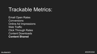 #DDROEM
Trackable Metrics:
Email Open Rates
Conversions
Online Ad Impressions
Web Traffic
Click Through Rates
Content Down...