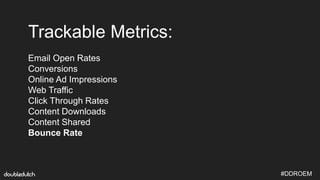 #DDROEM
Trackable Metrics:
Email Open Rates
Conversions
Online Ad Impressions
Web Traffic
Click Through Rates
Content Down...