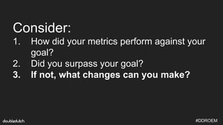 #DDROEM
Consider:
1. How did your metrics perform against your
goal?
2. Did you surpass your goal?
3. If not, what changes...