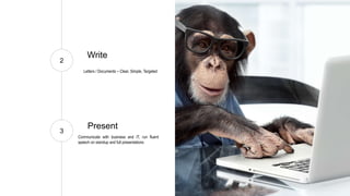 28
2
3
Write
Letters / Documents – Clear, Simple, Targeted
Present
Communicate with business and IT, run fluent
speech on standup and full presentations
 