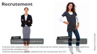 Recrutement
Compétences / expérience Valeurs / Désir
Avant Maintenant
Il est plus facile d’apprendre à quelqu’un de motivé que de motiver quelqu’un qui a la bonne expérience
et les bonnes compétences.
Cherchez des passionnés, pas des collectionneurs de marques pour leur CV !
BenjaminChaminade
 