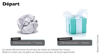 Départ
Démissionnaire =Traitre Démissionnaire = Avenir
Avant MaintenantAvant Maintenant
Les salariés démissionnaires de sont plus des traitres qui trahissent leur marque.
Restez en contact avec eux grâce aux réseaux sociaux pour de futures opportunités.
BenjaminChaminade
 