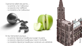 3 personnes taillent des pierres…
- Le premier a l’air malheureux
- Le second a l’air indifférent
- Le troisième a l’air malheureux
En leur demandant pourquoi…
- Le premier répond, je travaille pour purger ma peine
- Le second a répond, je travaille pour nourrir ma famille
- Le troisième répond, je travaille pour construire une cathédrale
BenjaminChaminade
 