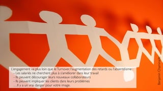 L’engagement va plus loin que leTurnover, l’augmentation des retards ou l’absentéisme :
- Les salariés ne cherchent plus à s’améliorer dans leur travail
- Ils peuvent décourager leurs nouveaux collaborateurs
- Ils peuvent impliquer les clients dans leurs problèmes
…Il y a un vrai danger pour votre image.
BenjaminChaminade
 