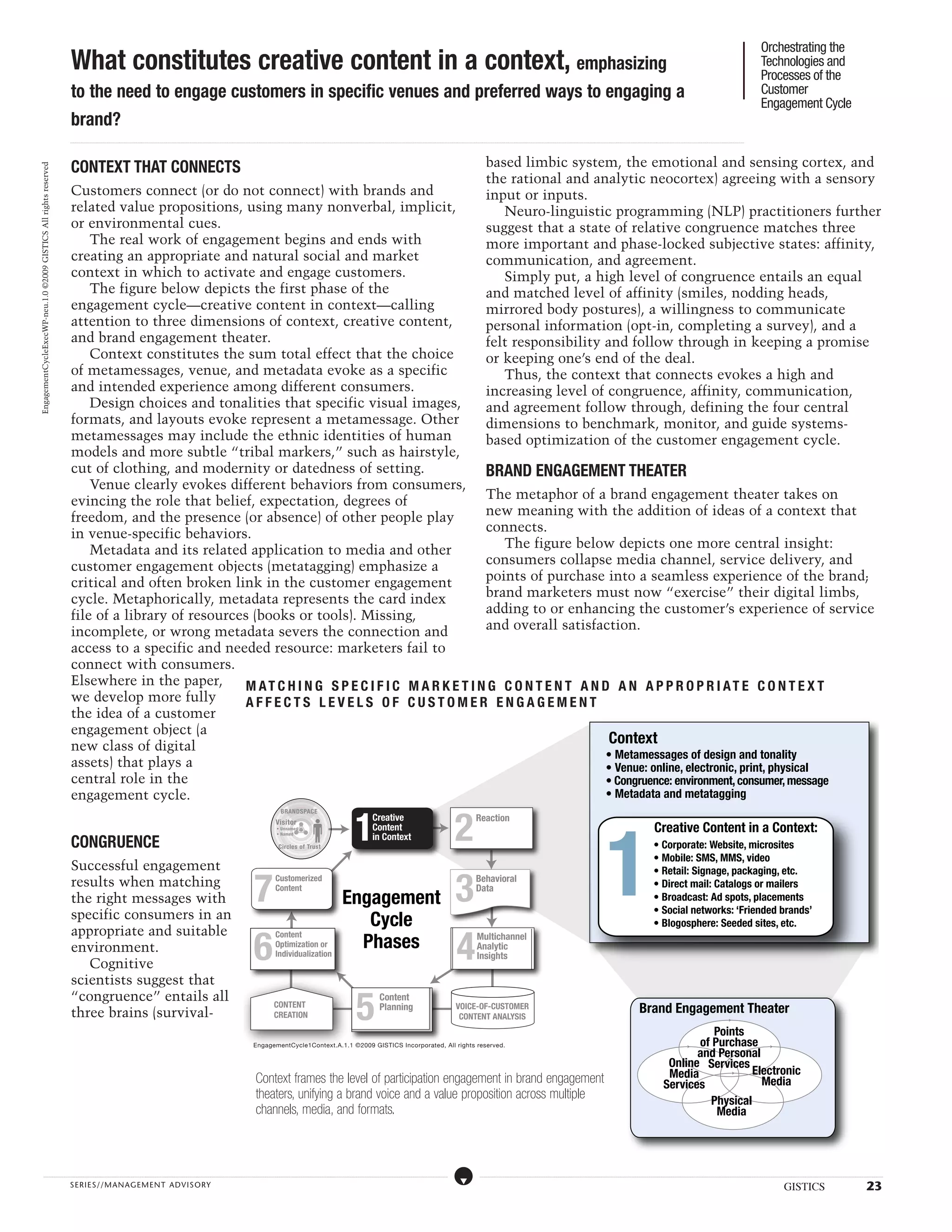 Orchestrating the
                                                                   What constitutes creative content in a context, emphasizing                                                                                                                                                                                                                                                                                                                                                                                                                                                                                                                                                                                                                                                                                                                                         Technologies and
                                                                                                                                                                                                                                                                                                                                                                                                                                                                                                                                                                                                                                                                                                                                                                                                                                                                       Processes of the
                                                                   to the need to engage customers in specific venues and preferred ways to engaging a                                                                                                                                                                                                                                                                                                                                                                                                                                                                                                                                                                                                                                                                                                                 Customer
                                                                                                                                                                                                                                                                                                                                                                                                                                                                                                                                                                                                                                                                                                                                                                                                                                                                       Engagement Cycle
                                                                   brand?
                                                                  ...................................................................................................................................................................................................................................................................................................................................................................................................................................................................................................................................................................................................................................................................................................................................................................................




                                                                   CONTEXT THAT CONNECTS                                                                                                                                                                                                                                                                                                                                                                                                                                                           based limbic system, the emotional and sensing cortex, and
EngagementCycleExecWP-neu.1.0 ©2009 GISTICS All rights reserved




                                                                                                                                                                                                                                                                                                                                                                                                                                                                                                                                                   the rational and analytic neocortex) agreeing with a sensory
                                                                   Customers connect (or do not connect) with brands and                                                                                                                                                                                                                                                                                                                                                                                                                           input or inputs.
                                                                   related value propositions, using many nonverbal, implicit,                                                                                                                                                                                                                                                                                                                                                                                                                        Neuro-linguistic programming (NLP) practitioners further
                                                                   or environmental cues.                                                                                                                                                                                                                                                                                                                                                                                                                                                          suggest that a state of relative congruence matches three
                                                                       The real work of engagement begins and ends with                                                                                                                                                                                                                                                                                                                                                                                                                            more important and phase-locked subjective states: affinity,
                                                                   creating an appropriate and natural social and market                                                                                                                                                                                                                                                                                                                                                                                                                           communication, and agreement.
                                                                   context in which to activate and engage customers.                                                                                                                                                                                                                                                                                                                                                                                                                                 Simply put, a high level of congruence entails an equal
                                                                       The figure below depicts the first phase of the                                                                                                                                                                                                                                                                                                                                                                                                                             and matched level of affinity (smiles, nodding heads,
                                                                   engagement cycle—creative content in context—calling                                                                                                                                                                                                                                                                                                                                                                                                                            mirrored body postures), a willingness to communicate
                                                                   attention to three dimensions of context, creative content,                                                                                                                                                                                                                                                                                                                                                                                                                     personal information (opt-in, completing a survey), and a
                                                                   and brand engagement theater.                                                                                                                                                                                                                                                                                                                                                                                                                                                   felt responsibility and follow through in keeping a promise
                                                                       Context constitutes the sum total effect that the choice                                                                                                                                                                                                                                                                                                                                                                                                                    or keeping one’s end of the deal.
                                                                   of metamessages, venue, and metadata evoke as a specific                                                                                                                                                                                                                                                                                                                                                                                                                           Thus, the context that connects evokes a high and
                                                                   and intended experience among different consumers.                                                                                                                                                                                                                                                                                                                                                                                                                              increasing level of congruence, affinity, communication,
                                                                       Design choices and tonalities that specific visual images,                                                                                                                                                                                                                                                                                                                                                                                                                  and agreement follow through, defining the four central
                                                                   formats, and layouts evoke represent a metamessage. Other                                                                                                                                                                                                                                                                                                                                                                                                                       dimensions to benchmark, monitor, and guide systems-
                                                                   metamessages may include the ethnic identities of human                                                                                                                                                                                                                                                                                                                                                                                                                         based optimization of the customer engagement cycle.
                                                                   models and more subtle “tribal markers,” such as hairstyle,
                                                                   cut of clothing, and modernity or datedness of setting.                     BRAND ENGAGEMENT THEATER
                                                                       Venue clearly evokes different behaviors from consumers,
                                                                   evincing the role that belief, expectation, degrees of                      The metaphor of a brand engagement theater takes on
                                                                   freedom, and the presence (or absence) of other people play                 new meaning with the addition of ideas of a context that
                                                                   in venue-specific behaviors.                                                connects.
                                                                       Metadata and its related application to media and other                    The figure below depicts one more central insight:
                                                                   customer engagement objects (metatagging) emphasize a                       consumers collapse media channel, service delivery, and
                                                                   critical and often broken link in the customer engagement                   points of purchase into a seamless experience of the brand;
                                                                   cycle. Metaphorically, metadata represents the card index                   brand marketers must now “exercise” their digital limbs,
                                                                   file of a library of resources (books or tools). Missing,                   adding to or enhancing the customer’s experience of service
                                                                   incomplete, or wrong metadata severs the connection and                     and overall satisfaction.
                                                                   access to a specific and needed resource: marketers fail to
                                                                   connect with consumers.
                                                                   Elsewhere in the paper,       M A T C H I N G S P E C I F I C M A RK E T I N G C ONT E NT A N D A N A P P RO P R I A T E C ONT E X T
                                                                   we develop more fully         A F F E C T S L E V E L S O F C U S TO M E R E N G A G E M E NT
                                                                   the idea of a customer
                                                                   engagement object (a
                                                                   new class of digital
                                                                                                                                                                   Context
                                                                                                                                                                  • Metamessages of design and tonality
                                                                   assets) that plays a                                                                           • Venue: online, electronic, print, physical
                                                                   central role in the                                                                            • Congruence: environment, consumer, message
                                                                   engagement cycle.                                                                              • Metadata and metatagging


                                                                                                                                                                                                                                                                                                                                                                                                 1                                                                                                              2
                                                                                                                                                                                                                                                                                                             BRANDSPACE




                                                                                                                                                                                                                                                                                                                                                                                                                                                                                                                                                                                                                                                                                          1
                                                                                                                                                                                                                                                                                                        Visitor
                                                                                                                                                                                                                                                                                                                                                                                                                    Creative                                                                                                            Reaction
                                                                                                                                                                                                                                                                                                         • Unnamed                                                                                                  Content                                                                                                                                                                                                                                                                                                                     Creative Content in a Context:
                                                                                                                                                                                                                                                                                                                                                                                                                    in Context
                                                                   CONGRUENCE
                                                                                                                                                                                                                                                                                                         • Named


                                                                                                                                                                                                                                                                                                           Circles of Trust                                                                                                                                                                                                                                                                                                                                                                                                                    • Corporate: Website, microsites
                                                                                                                                                                                                                                                                                                                                                                                                                                                                                                                                                                                                                                                                                                                                               • Mobile: SMS, MMS, video
                                                                   Successful engagement                                                                                                                                                                                                                                                                                                                                                                                                                                                                                                                                                                                                                                                       • Retail: Signage, packaging, etc.

                                                                                                                                                                                                                                                                                7                                                                                                                                                                                                                                3
                                                                   results when matching                                                                                                                                                                                                               Customerized                                                                                                                                                                                                                     Behavioral
                                                                                                                                                                                                                                                                                                       Content                                                                                                                                                                                                                          Data                                                                                                                                                                                                   • Direct mail: Catalogs or mailers
                                                                   the right messages with                                                                                                                                                                                                                                                                                        Engagement                                                                                                                                                                                                                                                                                                                                                   • Broadcast: Ad spots, placements
                                                                                                                                                                                                                                                                                                                                                                                                                                                                                                                                                                                                                                                                                                                                               • Social networks: ‘Friended brands’
                                                                   specific consumers in an                                                                                                                                                                                                                                                                                          Cycle                                                                                                                                                                                                                                                                                                                                                     • Blogosphere: Seeded sites, etc.
                                                                   appropriate and suitable
                                                                                                                                                                                                                                                                               6                                                                                                    Phases
                                                                                                                                                                                                                                                                                                                                                                                                                                                                                                                  4
                                                                                                                                                                                                                                                                                                       Content                                                                                                                                                                                                                           Multichannel
                                                                   environment.                                                                                                                                                                                                                        Optimization or
                                                                                                                                                                                                                                                                                                       Individualization
                                                                                                                                                                                                                                                                                                                                                                                                                                                                                                                                         Analytic
                                                                                                                                                                                                                                                                                                                                                                                                                                                                                                                                         Insights
                                                                      Cognitive
                                                                   scientists suggest that
                                                                   “congruence” entails all
                                                                                                                                                                                                                                                                                                                                                                                                  5
                                                                                                                                                                                                                                                                                                                                                                                                                            Content
                                                                                                                                                                                                                                                                                                      CONTENT
                                                                   three brains (survival-                                                                                                                                                                                                            CREATION
                                                                                                                                                                                                                                                                                                                                                                                                                            Planning                                                                             VOICE-OF-CUSTOMER
                                                                                                                                                                                                                                                                                                                                                                                                                                                                                                                  CONTENT ANALYSIS
                                                                                                                                                                                                                                                                                                                                                                                                                                                                                                                                                                                                                                                                                                                               Brand Engagement Theater
                                                                                                                                                                                                                                                                                                                                                                                                                                                                                                                                                                                                                                                                                                                                                                    Points
                                                                                                                                                                                                                                                                               EngagementCycle1Context.A.1.1 ©2009 GISTICS Incorporated, All rights reserved.                                                                                                                                                                                                                                                                                                                                                                                                    of Purchase
                                                                                                                                                                                                                                                                                                                                                                                                                                                                                                                                                                                                                                                                                                                                                                 and Personal
                                                                                                                                                                                                                                                                                                                                                                                                                                                                                                                                                                                                                                                                                                                                                           Online Services
                                                                                                                                                                                                                                                                                                                                                                                                                                                                                                                                                                                                                                                                                                                                                           Media           Electronic
                                                                                                                                                                                                                                                                                 Context frames the level of participation engagement in brand engagement                                                                                                                                                                                                                                                                                                                                                                                                 Services            Media
                                                                                                                                                                                                                                                                                 theaters, unifying a brand voice and a value proposition across multiple                                                                                                                                                                                                                                                                                                                                                                                                                                                      Physical
                                                                                                                                                                                                                                                                                 channels, media, and formats.                                                                                                                                                                                                                                                                                                                                                                                                                                                                                                  Media




                   .....................................................................................................................................................................................................................................................................................................................................................................................................................................................................                                                    ....................................................................................................................................................................................................................................................................................................................................................................................................................................................................


                                                                  SERIE S//MANAGEMENT ADVI SORY                                                                                                                                                                                                                                                                                                                                                                                                                                                                                                                                                                                                                                                                                                                                                                                                 GISTICS                                                                                     23
 