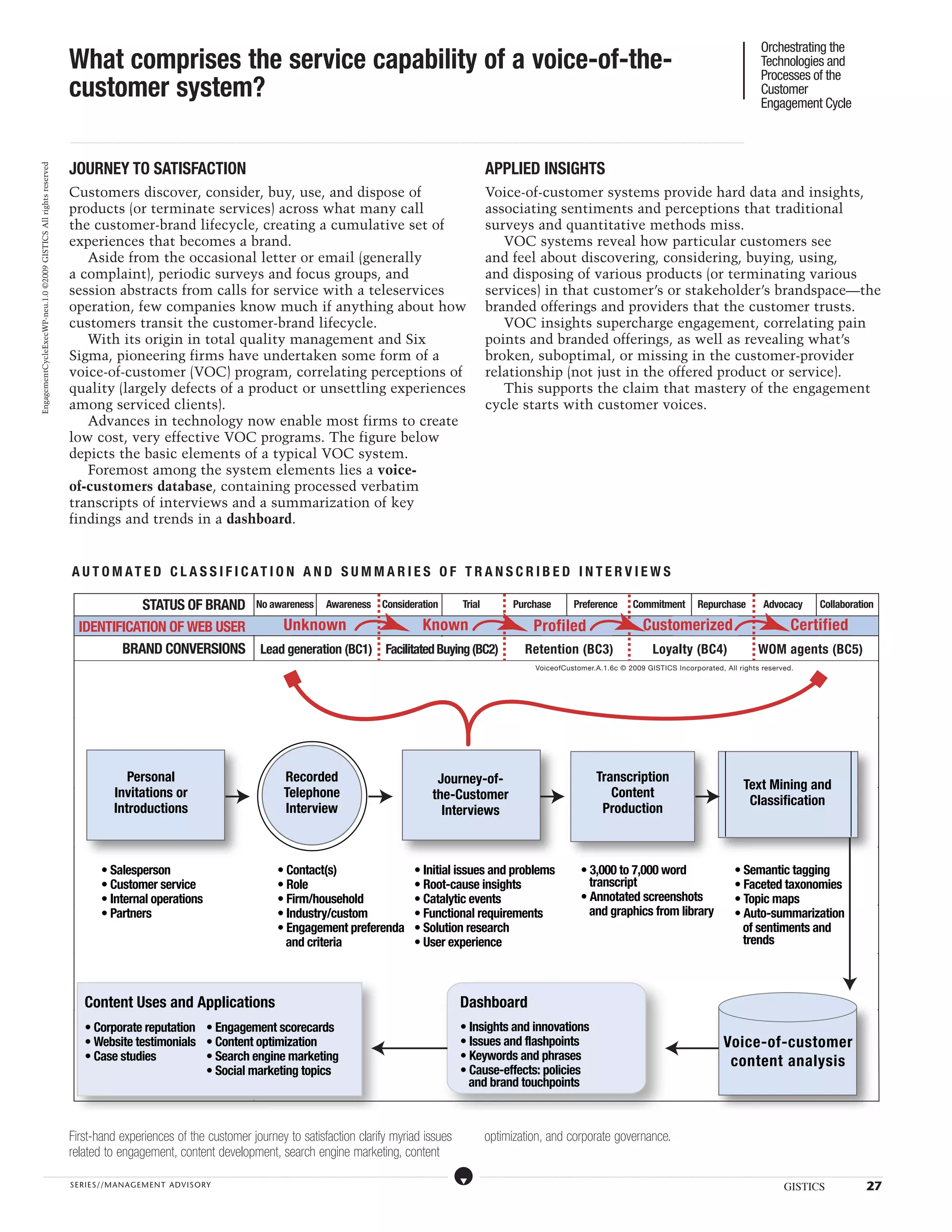 Orchestrating the
                                                                  What comprises the service capability of a voice-of-the-                                                                                                                                                                                                                                                                                                                                                                                                                                                                                                                                                                                                                                                                                                                                             Technologies and
                                                                                                                                                                                                                                                                                                                                                                                                                                                                                                                                                                                                                                                                                                                                                                                                                                                                       Processes of the
                                                                  customer system?                                                                                                                                                                                                                                                                                                                                                                                                                                                                                                                                                                                                                                                                                                                                                                                     Customer
                                                                                                                                                                                                                                                                                                                                                                                                                                                                                                                                                                                                                                                                                                                                                                                                                                                                       Engagement Cycle

                                                                  ...................................................................................................................................................................................................................................................................................................................................................................................................................................................................................................................................................................................................................................................................................................................................................................................




                                                                  JOURNEY TO SATISFACTION                                                                                                                                                                                                                                                                                                                                                                                                                                                         APPLIED INSIGHTS
EngagementCycleExecWP-neu.1.0 ©2009 GISTICS All rights reserved




                                                                  Customers discover, consider, buy, use, and dispose of                                                                                                                                                                                                                                                                                                                                                                                                                          Voice-of-customer systems provide hard data and insights,
                                                                  products (or terminate services) across what many call                                                                                                                                                                                                                                                                                                                                                                                                                          associating sentiments and perceptions that traditional
                                                                  the customer-brand lifecycle, creating a cumulative set of                                                                                                                                                                                                                                                                                                                                                                                                                      surveys and quantitative methods miss.
                                                                  experiences that becomes a brand.                                                                                                                                                                                                                                                                                                                                                                                                                                                  VOC systems reveal how particular customers see
                                                                     Aside from the occasional letter or email (generally                                                                                                                                                                                                                                                                                                                                                                                                                         and feel about discovering, considering, buying, using,
                                                                  a complaint), periodic surveys and focus groups, and                                                                                                                                                                                                                                                                                                                                                                                                                            and disposing of various products (or terminating various
                                                                  session abstracts from calls for service with a teleservices                                                                                                                                                                                                                                                                                                                                                                                                                    services) in that customer’s or stakeholder’s brandspace—the
                                                                  operation, few companies know much if anything about how                                                                                                                                                                                                                                                                                                                                                                                                                        branded offerings and providers that the customer trusts.
                                                                  customers transit the customer-brand lifecycle.                                                                                                                                                                                                                                                                                                                                                                                                                                    VOC insights supercharge engagement, correlating pain
                                                                     With its origin in total quality management and Six                                                                                                                                                                                                                                                                                                                                                                                                                          points and branded offerings, as well as revealing what’s
                                                                  Sigma, pioneering firms have undertaken some form of a                                                                                                                                                                                                                                                                                                                                                                                                                          broken, suboptimal, or missing in the customer-provider
                                                                  voice-of-customer (VOC) program, correlating perceptions of                                                                                                                                                                                                                                                                                                                                                                                                                     relationship (not just in the offered product or service).
                                                                  quality (largely defects of a product or unsettling experiences                                                                                                                                                                                                                                                                                                                                                                                                                    This supports the claim that mastery of the engagement
                                                                  among serviced clients).                                                                                                                                                                                                                                                                                                                                                                                                                                                        cycle starts with customer voices.
                                                                     Advances in technology now enable most firms to create
                                                                  low cost, very effective VOC programs. The figure below
                                                                  depicts the basic elements of a typical VOC system.
                                                                     Foremost among the system elements lies a voice-
                                                                  of-customers database, containing processed verbatim
                                                                  transcripts of interviews and a summarization of key
                                                                  findings and trends in a dashboard.


                                                                    A UTO M A T E D C L A S S I F I C A T I ON A N D S U M M A R I E S O F TR A N S C R I B E D I NT E R V I E W S

                                                                                     STATUS OF BRAND No awareness Awareness Consideration  Trial                                                                                                                                                                                                                                                                                                                                                                                                                                  Purchase                                                            Preference                                                        Commitment                                                              Repurchase                                                               Advocacy                                                        Collaboration

                                                                           IDENTIFICATION OF WEB USER     Unknown                    Known                                                                                                                                                                                                                                                                                                                                                                                                                                                               Profiled                                                                                                                  Customerized                                                                                                                                                         Certified
                                                                                  BRAND CONVERSIONS Lead generation (BC1) Facilitated Buying (BC2)                                                                                                                                                                                                                                                                                                                                                                                                                                             Retention (BC3)                                                                                                                                Loyalty (BC4)                                                                                                         WOM agents (BC5)
                                                                                                                                                                                                                                                                                                                                                                                                                                                                                                                                                                                                           VoiceofCustomer.A.1.6c © 2009 GISTICS Incorporated, All rights reserved.




                                                                                                                      Personal                                                                                                                                                                                   Recorded                                                                                                                                                               Journey-of-                                                                                                                                                                            Transcription
                                                                                                                                                                                                                                                                                                                                                                                                                                                                                                                                                                                                                                                                                                                                                                                                                                                    Text Mining and
                                                                                                                   Invitations or                                                                                                                                                                                Telephone                                                                                                                                                             the-Customer                                                                                                                                                                               Content
                                                                                                                                                                                                                                                                                                                                                                                                                                                                                                                                                                                                                                                                                                                                                                                                                                                     Classification
                                                                                                                   Introductions                                                                                                                                                                                 Interview                                                                                                                                                               Interviews                                                                                                                                                                             Production



                                                                                                    • Salesperson                                                                                                                                                                                         • Contact(s)                                                                                                                                             • Initial issues and problems                                                                                                                                                             • 3,000 to 7,000 word                                                                                                                                                        • Semantic tagging
                                                                                                    • Customer service                                                                                                                                                                                    • Role                                                                                                                                                   • Root-cause insights                                                                                                                                                                       transcript                                                                                                                                                                 • Faceted taxonomies
                                                                                                    • Internal operations                                                                                                                                                                                 • Firm/household                                                                                                                                         • Catalytic events                                                                                                                                                                        • Annotated screenshots                                                                                                                                                      • Topic maps
                                                                                                    • Partners                                                                                                                                                                                            • Industry/custom                                                                                                                                        • Functional requirements                                                                                                                                                                   and graphics from library                                                                                                                                                  • Auto-summarization
                                                                                                                                                                                                                                                                                                          • Engagement preferenda                                                                                                                                  • Solution research                                                                                                                                                                                                                                                                                                                                                      of sentiments and
                                                                                                                                                                                                                                                                                                            and criteria                                                                                                                                           • User experience                                                                                                                                                                                                                                                                                                                                                        trends



                                                                                  Content Uses and Applications                                                                                                                                                                                                                                                                                                                                                                                                       Dashboard
                                                                                  • Corporate reputation • Engagement scorecards                                                                                                                                                                                                                                                                                                                                                                                      • Insights and innovations
                                                                                  • Website testimonials • Content optimization                                                                                                                                                                                                                                                                                                                                                                                       • Issues and flashpoints                                                                                                                                                                                                                                                                               Voice-of-customer
                                                                                  • Case studies         • Search engine marketing                                                                                                                                                                                                                                                                                                                                                                                    • Keywords and phrases                                                                                                                                                                                                                                                                                  content analysis
                                                                                                         • Social marketing topics                                                                                                                                                                                                                                                                                                                                                                                    • Cause-effects: policies
                                                                                                                                                                                                                                                                                                                                                                                                                                                                                                                        and brand touchpoints



                                                                  First-hand experiences of the customer journey to satisfaction clarify myriad issues                                                                                                                                                                                                                                                                                                                                                                                            optimization, and corporate governance.
                                                                  related to engagement, content development, search engine marketing, content
                   .....................................................................................................................................................................................................................................................................................................................................................................................................................................................................                                                    ....................................................................................................................................................................................................................................................................................................................................................................................................................................................................


                                                                  SERIE S//MANAGEMENT ADVI SORY                                                                                                                                                                                                                                                                                                                                                                                                                                                                                                                                                                                                                                                                                                                                                                                                 GISTICS                                                                                     27
 