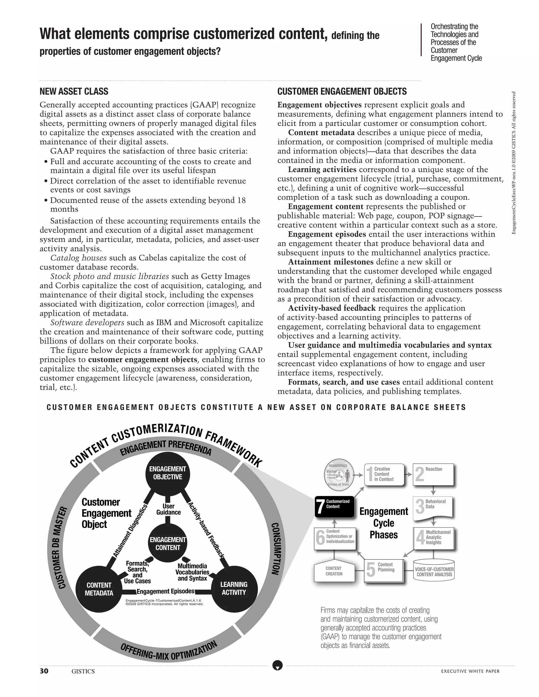 Orchestrating the
What elements comprise customerized content, defining the                                                                                                                                                                                                                                                                                                                                                                                                                                                                                                                                                                                                                                                                                                                                            Technologies and
                                                                                                                                                                                                                                                                                                                                                                                                                                                                                                                                                                                                                                                                                                                                                                                                     Processes of the
properties of customer engagement objects?                                                                                                                                                                                                                                                                                                                                                                                                                                                                                                                                                                                                                                                                                                                                                           Customer
                                                                                                                                                                                                                                                                                                                                                                                                                                                                                                                                                                                                                                                                                                                                                                                                     Engagement Cycle

...................................................................................................................................................................................................................................................................................................................................................................................................................................................................................................................................................................................................................................................................................................................................................................................




NEW ASSET CLASS                                                                                                                                                                                                                                                                                                                                                                                                                                                                       CUSTOMER ENGAGEMENT OBJECTS




                                                                                                                                                                                                                                                                                                                                                                                                                                                                                                                                                                                                                                                                                                                                                                                                                                                                                                                                                                   EngagementCycleExecWP-neu.1.0 ©2009 GISTICS All rights reserved
Generally accepted accounting practices (GAAP) recognize                                                                                                                                                                                                                                                                                                                                                                                                                              Engagement objectives represent explicit goals and
digital assets as a distinct asset class of corporate balance                                                                                                                                                                                                                                                                                                                                                                                                                         measurements, defining what engagement planners intend to
sheets, permitting owners of properly managed digital files                                                                                                                                                                                                                                                                                                                                                                                                                           elicit from a particular customer or consumption cohort.
to capitalize the expenses associated with the creation and                                                                                                                                                                                                                                                                                                                                                                                                                              Content metadata describes a unique piece of media,
maintenance of their digital assets.                                                                                                                                                                                                                                                                                                                                                                                                                                                  information, or composition (comprised of multiple media
   GAAP requires the satisfaction of three basic criteria:                                                                                                                                                                                                                                                                                                                                                                                                                            and information objects)—data that describes the data
 • Full and accurate accounting of the costs to create and                                                                                                                                                                                                                                                                                                                                                                                                                            contained in the media or information component.
   maintain a digital file over its useful lifespan                                                                                                                                                                                                                                                                                                                                                                                                                                      Learning activities correspond to a unique stage of the
 • Direct correlation of the asset to identifiable revenue                                                                                                                                                                                                                                                                                                                                                                                                                            customer engagement lifecycle (trial, purchase, commitment,
   events or cost savings                                                                                                                                                                                                                                                                                                                                                                                                                                                             etc.), defining a unit of cognitive work—successful
 • Documented reuse of the assets extending beyond 18                                                                                                                                                                                                                                                                                                                                                                                                                                 completion of a task such as downloading a coupon.
   months                                                                                                                                                                                                                                                                                                                                                                                                                                                                                Engagement content represents the published or
                                                                                                                                                                                                                                                                                                                                                                                                                                                                                      publishable material: Web page, coupon, POP signage—
   Satisfaction of these accounting requirements entails the
                                                                                                                                                                                                                                                                                                                                                                                                                                                                                      creative content within a particular context such as a store.
development and execution of a digital asset management
                                                                                                                                                                                                                                                                                                                                                                                                                                                                                         Engagement episodes entail the user interactions within
system and, in particular, metadata, policies, and asset-user
                                                                                                                                                                                                                                                                                                                                                                                                                                                                                      an engagement theater that produce behavioral data and
activity analysis.
                                                                                                                                                                                                                                                                                                                                                                                                                                                                                      subsequent inputs to the multichannel analytics practice.
   Catalog houses such as Cabelas capitalize the cost of
                                                                                                                                                                                                                                                                                                                                                                                                                                                                                         Attainment milestones define a new skill or
customer database records.
                                                                                                                                                                                                                                                                                                                                                                                                                                                                                      understanding that the customer developed while engaged
   Stock photo and music libraries such as Getty Images
                                                                                                                                                                                                                                                                                                                                                                                                                                                                                      with the brand or partner, defining a skill-attainment
and Corbis capitalize the cost of acquisition, cataloging, and
                                                                                                                                                                                                                                                                                                                                                                                                                                                                                      roadmap that satisfied and recommending customers possess
maintenance of their digital stock, including the expenses
                                                                                                                                                                                                                                                                                                                                                                                                                                                                                      as a precondition of their satisfaction or advocacy.
associated with digitization, color correction (images), and
                                                                                                                                                                                                                                                                                                                                                                                                                                                                                         Activity-based feedback requires the application
application of metadata.
                                                                                                                                                                                                                                                                                                                                                                                                                                                                                      of activity-based accounting principles to patterns of
   Software developers such as IBM and Microsoft capitalize
                                                                                                                                                                                                                                                                                                                                                                                                                                                                                      engagement, correlating behavioral data to engagement
the creation and maintenance of their software code, putting
                                                                                                                                                                                                                                                                                                                                                                                                                                                                                      objectives and a learning activity.
billions of dollars on their corporate books.
                                                                                                                                                                                                                                                                                                                                                                                                                                                                                         User guidance and multimedia vocabularies and syntax
   The figure below depicts a framework for applying GAAP
                                                                                                                                                                                                                                                                                                                                                                                                                                                                                      entail supplemental engagement content, including
principles to customer engagement objects, enabling firms to
                                                                                                                                                                                                                                                                                                                                                                                                                                                                                      screencast video explanations of how to engage and user
capitalize the sizable, ongoing expenses associated with the
                                                                                                                                                                                                                                                                                                                                                                                                                                                                                      interface items, respectively.
customer engagement lifecycle (awareness, consideration,
                                                                                                                                                                                                                                                                                                                                                                                                                                                                                         Formats, search, and use cases entail additional content
trial, etc.).
                                                                                                                                                                                                                                                                                                                                                                                                                                                                                      metadata, data policies, and publishing templates.

             C U S TO M E R E N G A G E M E NT OB J E C T S C ON S T I TU t E A N E W asse t o n C OR P OR A T E B A L A N C E S H E E T S


                                                                                                                                     US                              T O M E R I Z AT I O N F R
                                                                                                                                  TC                                                            AM
                                                                                                             EN                                                     GAGEM
                                                                                                                                                                           ENT PREFEREN
                                                                                                                                                                                           DA      EW
                                                                                 T                                                                                EN                                  OR
                                                                    C         ON                                                                                                                         K
                                                                                                                                                                                                                                                                                                                                                                                                                                                                                                                                                                                                                                                                     1                                                                                                2
                                                                                                                                                                                                                                                                                                                                                                                                                                                                                                                                                                                            BRANDSPACE
                                                                                                                                                                                                                        ENGAGEMENT                                                                                                                                                                                                                                                                                                                                                     Visitor
                                                                                                                                                                                                                                                                                                                                                                                                                                                                                                                                                                                                                                                                                      Creative                                                                                             Reaction
                                                                                                                                                                                                                                                                                                                                                                                                                                                                                                                                                                                                                                                                                      Content
                                                                                                                                                                                                                         OBJECTIVE
                                                                                                                                                                                                                                                                                                                                                                                                                                                                                                                                                                                        • Unnamed
                                                                                                                                                                                                                                                                                                                                                                                                                                                                                                                                                                                        • Named
                                                                                                                                                                                                                                                                                                                                                                                                                                                                                                                                                                                                                                                                                      in Context
                                                                                                                                                                                                                                                                                                                                                                                                                                                                                                                                                                                          Circles of Trust




                                                                                   Customer
                                                                                                                                                                                                                                                                                                                                                                                                                                                                                                                                                                  7                                                                                                                                                                                                    3
                                                                                                                                                                                                                                                                                                                                                                                                                                                                                                                                                                                       Customerized                                                                                                                                                                                        Behavioral
                                                                                                                                                                                                                                                                                                                                                                                                                                                                                                                                                                                                                                                                                                                                                                                           Reaction
                                                                                                                                                                                                                                        User                                                                                                                                                                                                                                                                                                                                           Content                                                                                                                                                                                             Data
                                                                                                                                                                                                                                                                                                  Ac




                                                                                                                                                                                                                                                                                                                                                                                                                                                                                                                                                                                                                                                        Engagement
                                                                                                                                                                s




                                                                                   Engagement                                                                                                                                         Guidance
                              ER




                                                                                                                                                            stic




                                                                                                                                                                                                                                                                                                    tivi
                                                                                                                                                         gno




                                                                                                                                                                                                                                                                                                        ty-




                                                                                                                                                                                                                                                                                                                                                                                                                                                                                                                                                                                                                                                           Cycle
                   ER DB MAST




                                                                                   Object
                                                                                                                                                                                                                                                                                                           bas




                                                                                                                                                                                                                                                                                                                                                                                                                                                                        CONSUMPTION
                                                                                                                                                      Dia




                                                                                                                                                                                                                                                                                                                                                                                                                                                                                                                                                                  6                                                                                       Phases
                                                                                                                                                                                                                                                                                                                                                                                                                                                                                                                                                                                                                                                                                                                                                                        4
                                                                                                                                                                                                                                                                                                                                                                                                                                                                                                                                                                                       Content                                                                                                                                                                                             Multichannel
                                                                                                                                                                                                                                                                                                              ed




                                                                                                                                                                                                                                                                                                                                                                                                                                                                                                                                                                                                                                                                                                                                                                                           Behavioral
                                                                                                                                                   nt




                                                                                                                                                                                                                                                                                                                                                                                                                                                                                                                                                                                       Optimization or                                                                                                                                                                                     Analytic
                                                                                                                                                                                                                          ENGAGEMENT                                                                                                                                                                                                                                                                                                                                                                                                                                                                                                                                                       Data
                                                                                                                                                                                                                                                                                                                 Fee
                                                                                                                                                 me




                                                                                                                                                                                                                                                                                                                                                                                                                                                                                                                                                                                       Individualization                                                                                                                                                                                   Insights
                                                                                                                                                                                                                            CONTENT
                                                                                                                                              ain




                                                                                                                                                                                                                                                                                                                    db
                                                                                                                                                                                                                                                                                                                      ack
                                                                                                                                           Att




                                                                                                                                                                                                                                                                                                                                                                                                                                                                                                                                                                                                                                                                      5
                          OM




                                                                                                                                                                        Formats,                                                                                             Multimedia                                                                                                                                                                                                                                                                                                                                                                                                      Content
                                                                                                                                                                         Search,                                                                                            Vocabularies
                                                                                                                                                                                                                                                                                                                                                                                                                                                                                                                                                                                     CONTENT                                                                                                 Planning                                                                 VOICE-OF-CUSTOMER
                      CUST




                                                                                                                                                                          and                                                                                                and Syntax
                                                                                                                                                                                                                                                                                                                                                                                                                                                                                                                                                                                     CREATION                                                                                                                                                                          CONTENT ANALYSIS
                                                                                                                                                                       Use Cases
                                                                                         CONTENT                                                                                                                                                                                                                                                                     LEARNING
                                                                                         METADATA                                                                                               Engagement Episodes                                                                                                                                                  ACTIVITY
                                                                                                                                                                          EngagementCycle-7CustomerizedContent.A.1.6
                                                                                                                                                                          ©2009 GISTICS Incorporated, All rights reserved.

                                                                                                                                                                                                                                                                                                                                                                                                                                                                                                                                                                            Firms may capitalize the costs of creating
                                                                                                                                                                                                                                                                                                                                                                                                                                                                                                                                                                            and maintaining customerized content, using
                                                                                                                                                                                                                                                                                                                                                                                                                                                                                                                                                                            generally accepted accounting practices
                                                                                                                                                                                                                                                                                                                                                                                                                                                                                                                                                                            (GAAP) to manage the customer engagement
                                                                                                                                                              OFF                                                                                                N                                                                                                                                                                                                                                                                                                          objects as financial assets.
                                                                                                                                                                                      ERING                                                                 ATIO
                                                                                                                                                                                            -M                                                   IX OPTIMIZ
.....................................................................................................................................................................................................................................................................................................................................................................................................................................................................                                   ....................................................................................................................................................................................................................................................................................................................................................................................................................................................................



30                                                            GISTICS                                                                                                                                                                                                                                                                                                                                                                                                                                                                                                                                                                                                                                                                                                                                                    executive white paper
 