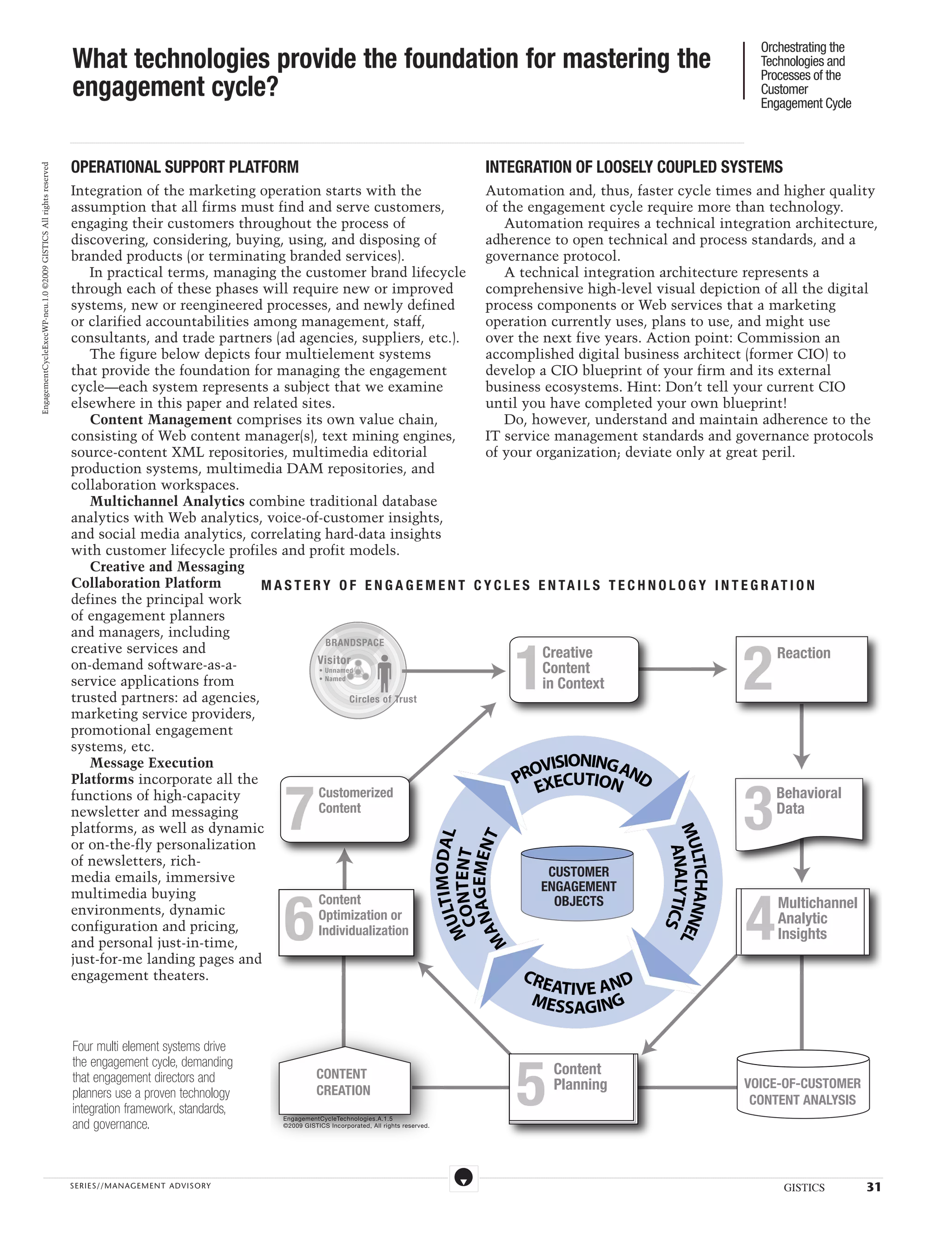 Orchestrating the
                                                                    What technologies provide the foundation for mastering the                                                                                                                                                                                                                                                                                                                                                                                                                                                                                                                                                                                                                                                                                                                                         Technologies and
                                                                                                                                                                                                                                                                                                                                                                                                                                                                                                                                                                                                                                                                                                                                                                                                                                                                       Processes of the
                                                                    engagement cycle?                                                                                                                                                                                                                                                                                                                                                                                                                                                                                                                                                                                                                                                                                                                                                                                  Customer
                                                                                                                                                                                                                                                                                                                                                                                                                                                                                                                                                                                                                                                                                                                                                                                                                                                                       Engagement Cycle

                                                                  ...................................................................................................................................................................................................................................................................................................................................................................................................................................................................................................................................................................................................................................................................................................................................................................................




                                                                   OPERATIONAL SUPPORT PLATFORM                                                                                                                                                                                                                                                                                                                                                                                                                                                    INTEGRATION OF LOOSELY COUPLED SYSTEMS
EngagementCycleExecWP-neu.1.0 ©2009 GISTICS All rights reserved




                                                                   Integration of the marketing operation starts with the               Automation and, thus, faster cycle times and higher quality
                                                                   assumption that all firms must find and serve customers,             of the engagement cycle require more than technology.
                                                                   engaging their customers throughout the process of                       Automation requires a technical integration architecture,
                                                                   discovering, considering, buying, using, and disposing of            adherence to open technical and process standards, and a
                                                                   branded products (or terminating branded services).                  governance protocol.
                                                                      In practical terms, managing the customer brand lifecycle             A technical integration architecture represents a
                                                                   through each of these phases will require new or improved            comprehensive high-level visual depiction of all the digital
                                                                   systems, new or reengineered processes, and newly defined            process components or Web services that a marketing
                                                                   or clarified accountabilities among management, staff,               operation currently uses, plans to use, and might use
                                                                   consultants, and trade partners (ad agencies, suppliers, etc.).      over the next five years. Action point: Commission an
                                                                      The figure below depicts four multielement systems                accomplished digital business architect (former CIO) to
                                                                   that provide the foundation for managing the engagement              develop a CIO blueprint of your firm and its external
                                                                   cycle—each system represents a subject that we examine               business ecosystems. Hint: Don’t tell your current CIO
                                                                   elsewhere in this paper and related sites.                           until you have completed your own blueprint!
                                                                      Content Management comprises its own value chain,                     Do, however, understand and maintain adherence to the
                                                                   consisting of Web content manager(s), text mining engines,           IT service management standards and governance protocols
                                                                   source-content XML repositories, multimedia editorial                of your organization; deviate only at great peril.
                                                                   production systems, multimedia DAM repositories, and
                                                                   collaboration workspaces.
                                                                      Multichannel Analytics combine traditional database
                                                                   analytics with Web analytics, voice-of-customer insights,
                                                                   and social media analytics, correlating hard-data insights
                                                                   with customer lifecycle profiles and profit models.
                                                                      Creative and Messaging
                                                                   Collaboration Platform         M A S T E RY O F E N G A G E M E NT C Y C L E S E NT A I Ls T E C HNOLO G Y I NT E G R A T I ON
                                                                   defines the principal work
                                                                   of engagement planners
                                                                   and managers, including


                                                                                                                                                                                                                                                                                                                                                                                                                                                                                                                                                                                   1                                                                                                                                                                                                                                                               2
                                                                                                               BRANDSPACE
                                                                   creative services and                                                           Creative                               Reaction
                                                                   on-demand software-as-a-                  Visitor
                                                                                                             • Unnamed                             Content
                                                                   service applications from                 • Named
                                                                                                                                                   in Context
                                                                   trusted partners: ad agencies,                    Circles of Trust
                                                                   marketing service providers,
                                                                   promotional engagement
                                                                   systems, etc.
                                                                      Message Execution                                                            VISIONING A
                                                                   Platforms incorporate all the                                              PRO XECUTION ND

                                                                                                                                                                                                                                                                                                                  7                                                                                                                                                                                                                                                                                                                                                                                                                                                                                                                                 3
                                                                   functions of high-capacity                Customerized                         E                                       Behavioral
                                                                   newsletter and messaging                  Content                                                                      Data
                                                                   platforms, as well as dynamic
                                                                                                                                                                                                                                                                                                                                                                                                                                                                                                                                                                                                                                                                                                                                                          MU NALYT EL
                                                                                                                                                                                                                                                                                                                                                                                                                                                                                           LTIMODAL
                                                                                                                                                                                                                                                                                                                                                                                                                                                                                            AG ENT




                                                                   or on-the-fly personalization
                                                                                                                                                                                                                                                                                                                                                                                                                                                                                                                                                                                                                                                                                                                                                            A
                                                                                                                                                                                                                                                                                                                                                                                                                                                                                        MU NTENT




                                                                                                                                                                                                                                                                                                                                                                                                                                                                                                                                                                                                                                                                                                                                                            LTICHANN




                                                                   of newsletters, rich-
                                                                                                                                                                                                                                                                                                                                                                                                                                                                                          CO EM




                                                                   media emails, immersive                                                          CUSTOMER
                                                                                                                                                  ENGAGEMENT


                                                                                                                                                                                                                                                                                                                  6                                                                                                                                                                                                                                                                                                                                                                                                                                                                                                                                     4
                                                                   multimedia buying                         Content                                 OBJECTS                              Multichannel
                                                                   environments, dynamic
                                                                                                                                                                                                                                                                                                                                                                                                                                                                                                                                                                                                                                                                                                                                                                  ICS




                                                                                                             Optimization or                                                              Analytic
                                                                                                                                                                                                                                                                                                                                                                                                                                                                                         AN




                                                                   configuration and pricing,                Individualization                                                            Insights
                                                                                                                                                                                                                                                                                                                                                                                                                                                                                       M




                                                                   and personal just-in-time,
                                                                   just-for-me landing pages and
                                                                   engagement theaters.                                                         CR               D                                                                                                                                                                                                                                                                                                                                                                                                                                     EATIVE AN
                                                                                                                                                                                                                                                                                                                                                                                                                                                                                                                                                                                                      MESS ING
                                                                                                                                                                                                                                                                                                                                                                                                                                                                                                                                                                                                           AG

                                                                    Four multi element systems drive


                                                                                                                                                                                                                                                                                                                                                                                                                                                                                                                                                                                     5
                                                                    the engagement cycle, demanding
                                                                                                                                                                                                                                                                                                                                                     CONTENT                                                                                                                                                                                                                                                                   Content
                                                                    that engagement directors and
                                                                                                                                                                                                                                                                                                                                                     CREATION                                                                                                                                                                                                                                                                  Planning                                                                                                                                                                                                             VOICE-OF-CUSTOMER
                                                                    planners use a proven technology
                                                                                                                                                                                                                                                                                                                                                                                                                                                                                                                                                                                                                                                                                                                                                                                                                                                     CONTENT ANALYSIS
                                                                    integration framework, standards,
                                                                                                                                                                                                                                                                                                                EngagementCycleTechnologies.A.1.5
                                                                    and governance.                                                                                                                                                                                                                             ©2009 GISTICS Incorporated, All rights reserved.




                   .....................................................................................................................................................................................................................................................................................................................................................................................................................................................................                                                    ....................................................................................................................................................................................................................................................................................................................................................................................................................................................................


                                                                  SERIE S//MANAGEMENT ADVI SORY                                                                                                                                                                                                                                                                                                                                                                                                                                                                                                                                                                                                                                                                                                                                                                                                 GISTICS                                                                                     31
 