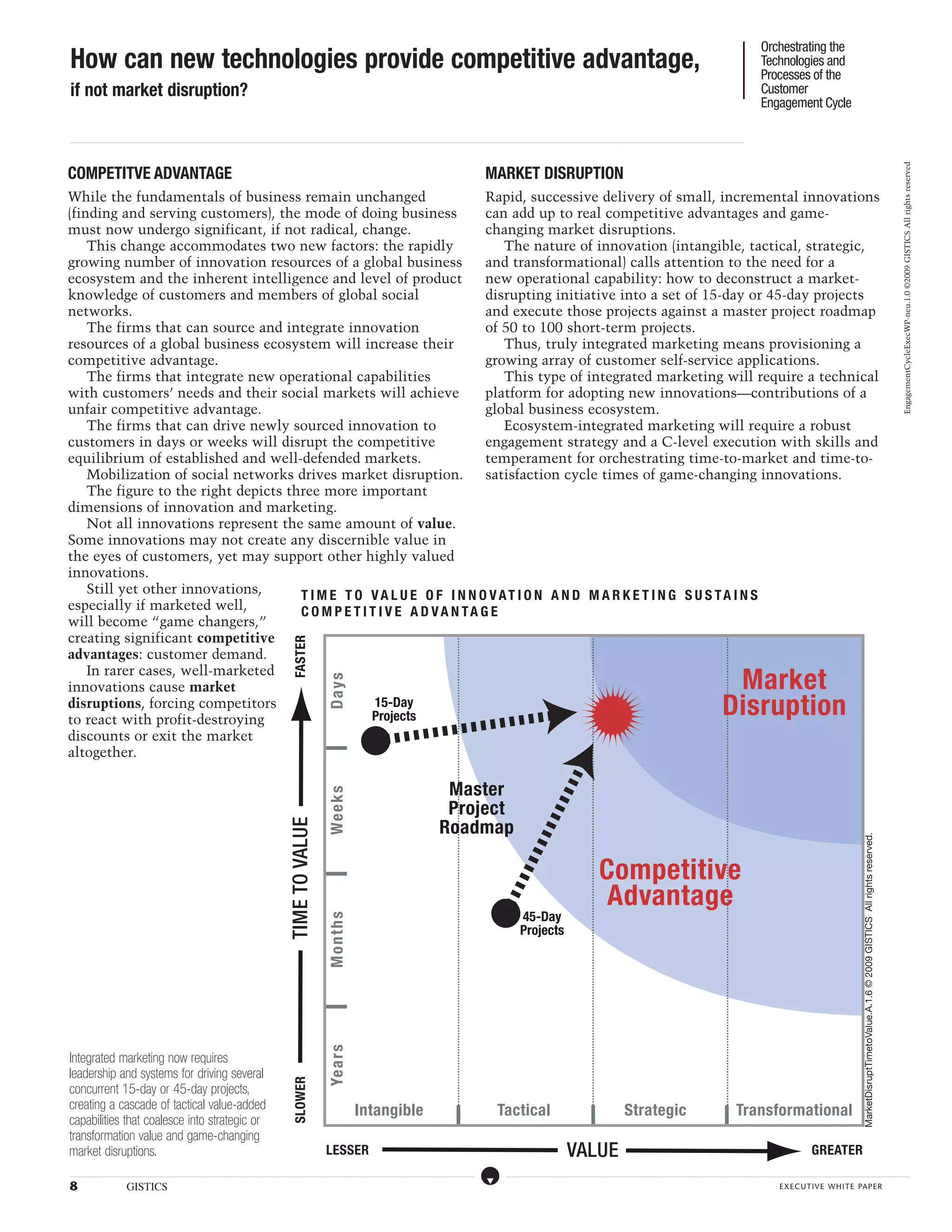 Orchestrating the
How can new technologies provide competitive advantage,                                                                                                                                                                                                                                                                                                                                                                                                                                                                                                                                                                                                                                                                                                                                              Technologies and
                                                                                                                                                                                                                                                                                                                                                                                                                                                                                                                                                                                                                                                                                                                                                                                                     Processes of the
if not market disruption?                                                                                                                                                                                                                                                                                                                                                                                                                                                                                                                                                                                                                                                                                                                                                                            Customer
                                                                                                                                                                                                                                                                                                                                                                                                                                                                                                                                                                                                                                                                                                                                                                                                     Engagement Cycle

...................................................................................................................................................................................................................................................................................................................................................................................................................................................................................................................................................................................................................................................................................................................................................................................




                                                                                                                                                                                                                                                                                                                                                                                                                                                                                                                                                                                                                                                                                                                                                                                                                                                                                                                                                                                            EngagementCycleExecWP-neu.1.0 ©2009 GISTICS All rights reserved
COMPETITVE ADVANTAGE                                                                                                                                                                                                                                                                                                                                                                                                                                                             MARKET DISRUPTION
While the fundamentals of business remain unchanged                       Rapid, successive delivery of small, incremental innovations
(finding and serving customers), the mode of doing business               can add up to real competitive advantages and game-
must now undergo significant, if not radical, change.                     changing market disruptions.
    This change accommodates two new factors: the rapidly                    The nature of innovation (intangible, tactical, strategic,
growing number of innovation resources of a global business               and transformational) calls attention to the need for a
ecosystem and the inherent intelligence and level of product              new operational capability: how to deconstruct a market-
knowledge of customers and members of global social                       disrupting initiative into a set of 15-day or 45-day projects
networks.                                                                 and execute those projects against a master project roadmap
    The firms that can source and integrate innovation                    of 50 to 100 short-term projects.
resources of a global business ecosystem will increase their                 Thus, truly integrated marketing means provisioning a
competitive advantage.                                                    growing array of customer self-service applications.
    The firms that integrate new operational capabilities                    This type of integrated marketing will require a technical
with customers’ needs and their social markets will achieve               platform for adopting new innovations—contributions of a
unfair competitive advantage.                                             global business ecosystem.
    The firms that can drive newly sourced innovation to                     Ecosystem-integrated marketing will require a robust
customers in days or weeks will disrupt the competitive                   engagement strategy and a C-level execution with skills and
equilibrium of established and well-defended markets.                     temperament for orchestrating time-to-market and time-to-
    Mobilization of social networks drives market disruption.             satisfaction cycle times of game-changing innovations.
    The figure to the right depicts three more important
dimensions of innovation and marketing.
    Not all innovations represent the same amount of value.
Some innovations may not create any discernible value in
the eyes of customers, yet may support other highly valued
innovations.
    Still yet other innovations,      T I M E TO V A LU E O F I NNO V A T I ON A N D M A RK E T I N G S U S T A I Ns
especially if marketed well,          C O M P E T I T I V E A D V A NT A G E
will become “game changers,”
creating significant competitive
                                                                                                                                                                                                                                                        FASTER




advantages: customer demand.
    In rarer cases, well-marketed
                                                                                                                                                                                                                                                                                                                                                                                                                                                                                                                                                                                                                                                                                                                                                           Market
                                                                                                                                                                                                                                                                                               Days




innovations cause market
disruptions, forcing competitors
to react with profit-destroying
                                                     15-Day
                                                    Projects                                                                                                                                                                                                                                                                                                                                                                                                                                                                                                                                                                                                                                                                                              Disruption
discounts or exit the market
altogether.
                                                                                                                                                                                                                                                                                      |




                                                                                                                                                                                                                                                                                                                                                                                                                              Master
                                                                                                                                                                                                                                                                                               Weeks




                                                                                                                                                                                                                                                                                                                                                                                                                              Project
                                                                                                                                                                                                                                                                                                                                                                                                                             Roadmap
                                                                                                                                                                                                                                                   TIME TO VALUE




                                                                                                                                                                                                                                                                                                                                                                                                                                                                                                                                                                                                                                                                                                                                                                                                                                                                                                                       MarketDisruptTimetoValue.A.1.6 © 2009 GISTICS All rights reserved.
                                                                                                                                                                                                                                                                                                                                                                                                                                                                                                                                                                                                                Competitive
                                                                                                                                                                                                                                                                                      |




                                                                                                                                                                                                                                                                                                                                                                                                                                                                                                                                                                                                                 Advantage
                                                                                                                                                                                                                                                                                                                                                                                                                                                                                                                       45-Day
                                                                                                                                                                                                                                                                                               Mo nth s




                                                                                                                                                                                                                                                                                                                                                                                                                                                                                                                       Projects
                                                                                                                                                                                                                                                                                      |        Year s




Integrated marketing now requires
leadership and systems for driving several
                                                                                                                                                                                                                                                        SLOWER




concurrent 15-day or 45-day projects,
creating a cascade of tactical value-added
capabilities that coalesce into strategic or
transformation value and game-changing
                                                                                                                                                                                                                                                                                                                              Intangible
                                                                                                                                                                                                                                                                                                                                                                                                                                               |                                              Tactical
                                                                                                                                                                                                                                                                                                                                                                                                                                                                                                                                                                                                      |                                     Strategic
                                                                                                                                                                                                                                                                                                                                                                                                                                                                                                                                                                                                                                                                                                                                                           | Transformational
market disruptions.                                                                                                                                                                                                                                                                           LESSER                                                                                                                                                                                                                                                                        VALUE                                                                                                                                                                                                                                                                            GREATER
.....................................................................................................................................................................................................................................................................................................................................................................................................................................................................                                   ....................................................................................................................................................................................................................................................................................................................................................................................................................................................................



8                                                             GISTICS                                                                                                                                                                                                                                                                                                                                                                                                                                                                                                                                                                                                                                                                                                                                                    executive white paper
 