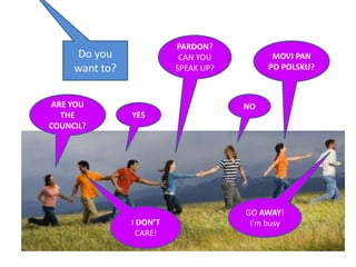 PARDON?
      Do you               CAN YOU          MOVI PAN
     want to?             SPEAK UP?        PO POLSKU?



ARE YOU                               NO
  THE           YES
COUNCIL?




                                      GO AWAY!
                I DON’T                I’m busy
                  CARE!
 