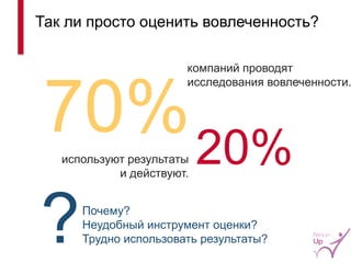 Так ли просто оценить вовлеченность? 
70% 
компаний проводят исследования вовлеченности. 
20% 
используют результаты и действуют. 
Почему? 
Неудобный инструмент оценки? 
Трудно использовать результаты? 
? 
8  