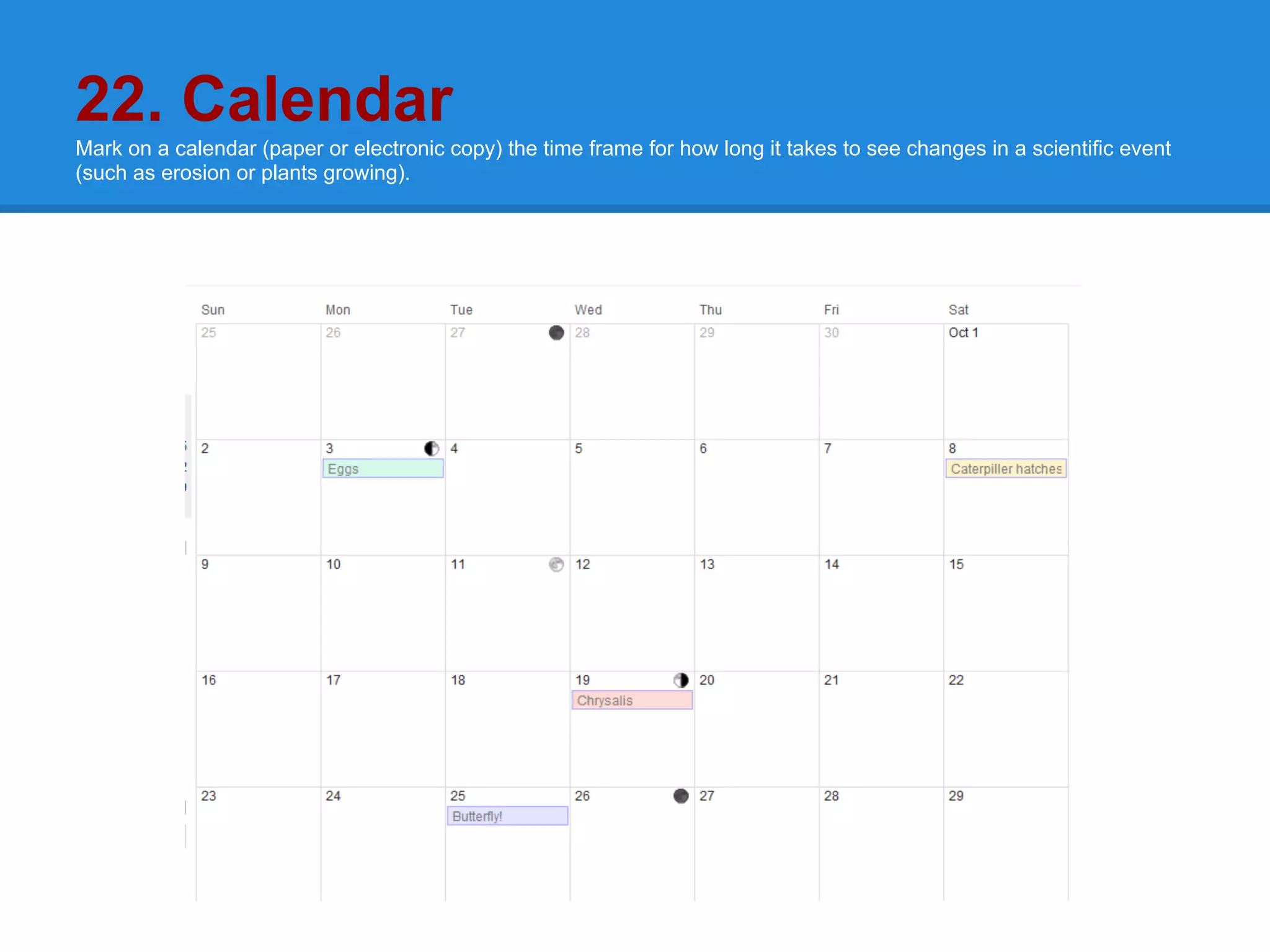 22. Calendar
Mark on a calendar (paper or electronic copy) the time frame for how long it takes to see changes in a scientific event
(such as erosion or plants growing).
 