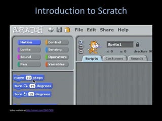 Introduction to Scratch




Video available at http://vimeo.com/29457909
 