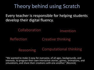 Theory behind using Scratch
Every teacher is responsible for helping students
develop their digital fluency.

           Collaboration                           Invention
    Reflection                    Creative thinking

            Reasoning             Computational thinking

“We wanted to make it easy for everyone, of all ages, backgrounds, and
interests, to program their own interactive stories, games, animations, and
simulations, and share their creations with one another.” (Resnick)
 