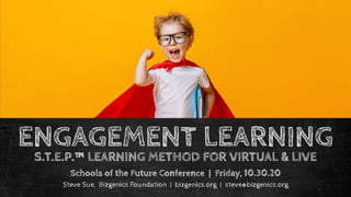 ENGAGEMENT LEARNING
Schools of the Future Conference | Friday, 10.30.20
Steve Sue, Bizgenics Foundation | bizgenics.org | steve@bizgenics.org
S.T.E.P.™ LEARNING METHOD FOR VIRTUAL & LIVE
 