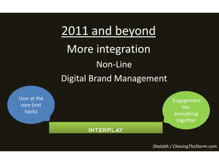 2011 and beyond
More integration
Non-Line
Digital Brand Management
Interplay
‘Engagement
ties
everything
together
User at the
core (not
tools)
Shalabh / ChasingTheStorm.com
 