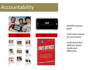 Accountability
Identify business
goals
Track and measure
(or set proxies)
Understand that
different media
could work
differently
Reach Engagement
 