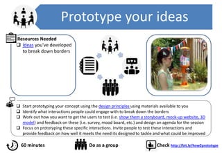 Prototype your ideas
 Start prototyping your concept using the design principles using materials available to you
 Identify what interactions people could engage with to break down the borders
 Work out how you want to get the users to test (i.e. show them a storyboard, mock-up website, 3D
model) and feedback on these (i.e. survey, mood board, etc.) and design an agenda for the session
 Focus on prototyping these specific interactions. Invite people to test these interactions and
provide feedback on how well it meets the need its designed to tackle and what could be improved
Resources Needed
 Ideas you’ve developed
to break down borders
60 minutes Do as a group Check http://bit.ly/how2prototype
 