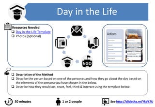 Day in the Life
 Description of the Method
 Describe the person based on one of the personas and how they go about the day based on
the elements of the persona you have chosen in the below.
 Describe how they would act, react, feel, think & interact using the template below
30 minutes 1 or 2 people See http://slidesha.re/YkVk7U
Resources Needed
 Day in the Life Template
 Photos (optional)
 