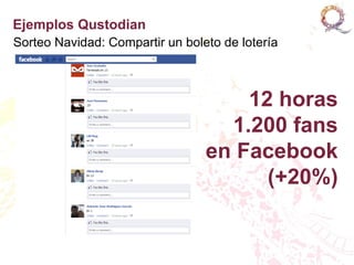Ejemplos Qustodian
Sorteo Navidad: Compartir un boleto de lotería



                                     12 horas
                                   1.200 fans
                                 en Facebook
                                       (+20%)
 