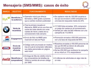 Mensajería (SMS/MMS): casos de éxito
MARCA    OBJETIVO             FUNCIONAMIENTO                              RESULTADOS

                       • Operador móvil que ofrecía         • Se captaron más de 100.000 usuarios a
        Beneficios a
                         llamadas y SMS gratis a jóvenes      los que se enviaron 2.000 campañas con
        la audiencia
                         que a cambio recibían publicidad     una tasa de respuesta media de 24%

                       • Tras la primera nevada en
                                                          • 117.000 fotos enviadas. 30% compraron
                         Alemania, BMW envía una foto del
          Venta de                                          un juego de ruedas en el concesionario
                         coche de cada cliente con unas
         recambios                                        • Ventas por valor de $45 millones con una
                         ruedas de nieve y datos de su
                                                            campaña de 112.000 $
                         concesionario más cercano

                       • Envío de foto vía MMS para         • Promoción enviada a 500.000 personas,
        Engagement
                         inserción en lata de Pepsi           con una tasa de respuesta del 80%

                                                             • Muestras enviadas a 450.000 personas de
                       • Código corto anunciado en medios
         Envío de                                              las que 80.000 se dieron de alta para
                         tras el cual el comprador rellenaba
         muestras                                              futuras comunicaciones
                         sus datos personales en página
         eficiente                                           • De las 250.000 que recibieron la campaña
                         web móvil
                                                               en su móvil un 11% respondieron

                     • Entrega de 50p de crédito móvil a
        Beneficios a   los compradores de botellas de       • 5 millones de solicitudes en algo más de
        compradores 330ml a cambio de enviar código           un mes
                       por SMS
                                                                                                          9
 