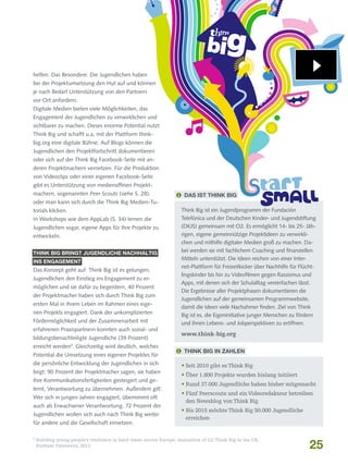 helfen. Das Besondere: Die Jugendlichen haben
bei der Projektumsetzung den Hut auf und können
je nach Bedarf Unterstützung von den Partnern
vor Ort anfordern.
Digitale Medien bieten viele Möglichkeiten, das
Engagement der Jugendlichen zu verwirklichen und
sichtbarer zu machen. Dieses enorme Potential nutzt
Think Big und schafft u.a. mit der Plattform thinkbig.org eine digitale Bühne. Auf Blogs können die
Jugendlichen den Projektfortschritt dokumentieren
oder sich auf der Think Big Facebook-Seite mit anderen Projektmachern vernetzen. Für die Produktion
von Videoclips oder einer eigenen Facebook-Seite
gibt es Unterstützung von medienaffinen Projekt­
machern, sogenannten Peer Scouts (siehe S. 28),

 Das ist think big

oder man kann sich durch die Think Big Medien-Tutorials klicken.
In Workshops wie dem AppLab (S. 34) lernen die
Jugendlichen sogar, eigene Apps für ihre Projekte zu
entwickeln.
Think Big bringt Jugendliche nachhaltig
ins Engagement

Das Konzept geht auf: Think Big ist es gelungen,
Jugendlichen den Einstieg ins Engagement zu ermöglichen und sie dafür zu begeistern. 40 Prozent
der Projektmacher haben sich durch Think Big zum
ersten Mal in ihrem Leben im Rahmen eines eigenen Projekts engagiert. Dank der unkomplizierten
Fördermöglichkeit und der Zusammenarbeit mit
erfahrenen Praxispartnern konnten auch sozial- und
bildungsbenachteiligte Jugendliche (39 Prozent)
erreicht werden3. Gleichzeitig wird deutlich, welches
Potential die Umsetzung eines eigenen Projektes für
die persönliche Entwicklung der Jugendlichen in sich
birgt: 90 Prozent der Projektmacher sagen, sie haben
ihre Kommunikationsfertigkeiten gesteigert und gelernt, Verantwortung zu übernehmen. Außerdem gilt:
Wer sich in jungen Jahren engagiert, übernimmt oft
auch als Erwachsener Verantwortung. 72 Prozent der
Jugendlichen wollen sich auch nach Think Big weiter
für andere und die Gesellschaft einsetzen.
3

Think Big ist ein Jugendprogramm der Fundación
Telefónica und der Deutschen Kinder- und Jugendstiftung
(DKJS) gemeinsam mit O2. Es ermöglicht 14- bis 25- Jährigen, eigene gemeinnützige Projektideen zu verwirklichen und mithilfe digitaler Medien groß zu machen. Dabei werden sie mit fachlichem Coaching und finanziellen
Mitteln unterstützt. Die Ideen reichen von einer Internet-Plattform für Freizeitkicker über Nachhilfe für Flüchtlingskinder bis hin zu Videofilmen gegen Rassismus und
Apps, mit denen sich der Schulalltag vereinfachen lässt.
Die Ergebnisse aller Projektphasen dokumentieren die
Jugendlichen auf der gemeinsamen Programmwebsite,
damit die Ideen viele Nachahmer finden. Ziel von Think
Big ist es, die Eigeninitiative junger Menschen zu fördern
und ihnen Lebens- und Jobperspektiven zu eröffnen.

www.think-big.org
 Think Big in Zahlen
• Seit 2010 gibt es Think Big
•  ber 1.800 Projekte wurden bislang initiiert
Ü
•  und 37.000 Jugendliche haben bisher mitgemacht
R
•  ünf Peerscouts und ein Videoredakteur betreiben
F
den Newsblog von Think Big
•  is 2015 möchte Think Big 50.000 Jugendliche
B
erreichen

B
 uilding young people’s resilience in hard times across Europe, evaluation of O2 Think Big in the UK,
Durham University, 2012

25

 
