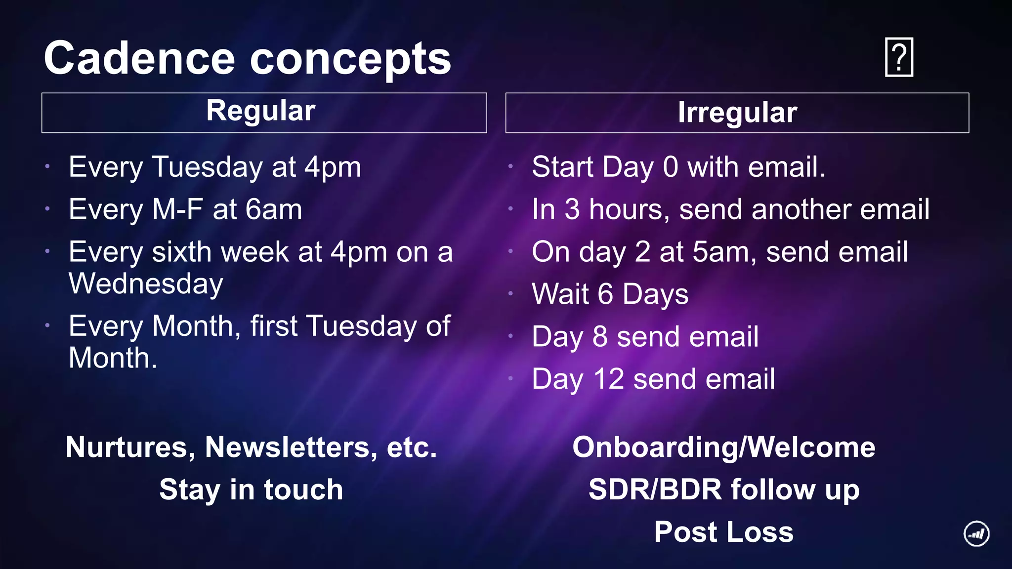 Cadence concepts
 Every Tuesday at 4pm
 Every M-F at 6am
 Every sixth week at 4pm on a
Wednesday
 Every Month, first Tuesday of
Month.
 Start Day 0 with email.
 In 3 hours, send another email
 On day 2 at 5am, send email
 Wait 6 Days
 Day 8 send email
 Day 12 send email
Regular Irregular
🗓
Nurtures, Newsletters, etc.
Stay in touch
Onboarding/Welcome
SDR/BDR follow up
Post Loss
 
