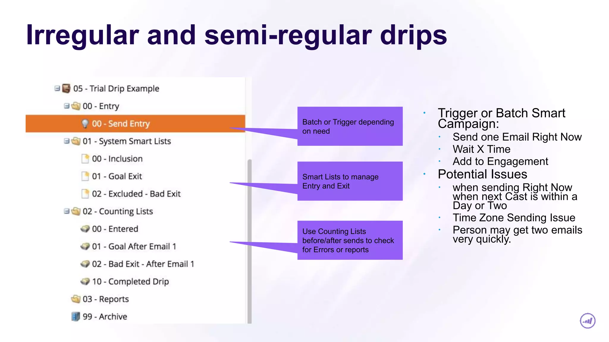 Irregular and semi-regular drips
Batch or Trigger depending
on need
Smart Lists to manage
Entry and Exit
Use Counting Lists
before/after sends to check
for Errors or reports
 Trigger or Batch Smart
Campaign:
 Send one Email Right Now
 Wait X Time
 Add to Engagement
 Potential Issues
 when sending Right Now
when next Cast is within a
Day or Two
 Time Zone Sending Issue
 Person may get two emails
very quickly.
 