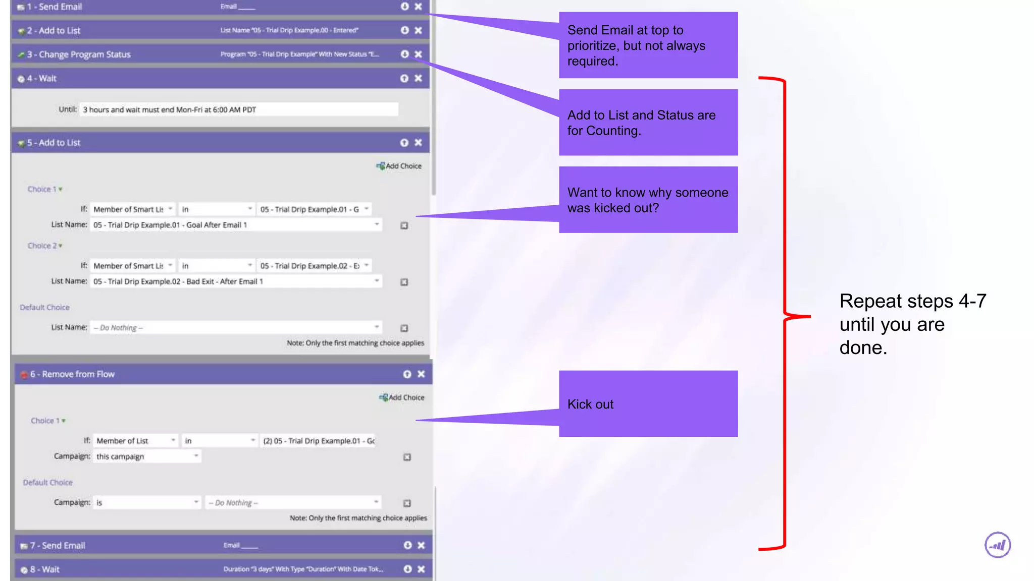 Send Email at top to
prioritize, but not always
required.
Add to List and Status are
for Counting.
Want to know why someone
was kicked out?
Kick out
Repeat steps 4-7
until you are
done.
 