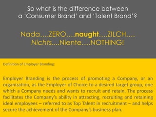 So what is the difference between
a ‘Consumer Brand’ and ‘Talent Brand’?
Definition of Employer Branding:
Employer Branding is the process of promoting a Company, or an
organization, as the Employer of Choice to a desired target group, one
which a Company needs and wants to recruit and retain. The process
facilitates the Company’s ability in attracting, recruiting and retaining
ideal employees – referred to as Top Talent in recruitment – and helps
secure the achievement of the Company’s business plan.
Nada….ZERO….naught….ZILCH….
Nichts....Niente….NOTHING!
 