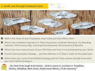 3. Audit..see through Employee Eyes
Walk in the shoes of your Employees, touch every part that affects them
What is the Candidate Experience in Talent Acquisition, Graduate Attraction, On-Boarding,
Induction, Performance Mgt, Coaching & Development, Remuneration & Benefits
What is the true measurement of your CSR Policy and how is it truly betrayed by your Talent
Current Communication Strategy…..just how effective is it? Does it really hit the sweet spot
Where does your current Social Media Strategy point to? Does anyone actually know what
your Social Media Strategy is
: You have to be tough to be honest….Grab it, assess it, scrutinise it. Templates,
Policies, Workflow, Work-levels, Performance Metrics, Fit-for-Business?
 