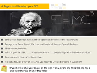 4. Digest and Develop your EVP
Embrace all feedback, suck-up the negative and celebrate the instant wins
Engage your Talent Brand Warriors – All levels, all layers – Spread the Love
The BIG AHA Moment
What is your TRUTH…………What is your DNA………Does it align with the BIG Aspirations
Can you reach your current objectives
It’s not a fad, it’s a way of life….Are you ready to Live and Breathe it EVERY DAY
: If you have to stick your Values on the wall, it only means one thing: No one has a
clue what they are or what they mean
 