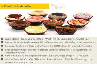 6. Create the Party Inside
Create Stories – Profile your Rock Stars – What’s the BIG DEAL about working for you!
Scream, Shout and Celebrate every Win – Promotions, Internal mobility moves, new starters
Brown bag lunches with CEO, yes that’s right, the CEO! Be Real, Be Human, Be Accessible
Be all about the bigger purpose – Corporate Social Responsibility… it’s not just words in a
Corporate Brochure
Have fun – Create a working environment that has boundless energy – IT’S ADDICTIVE!
Let your Talent tell YOU what THEY want….Free Ice Cream, coffees, flexible working….the
answers are under your nose!
 